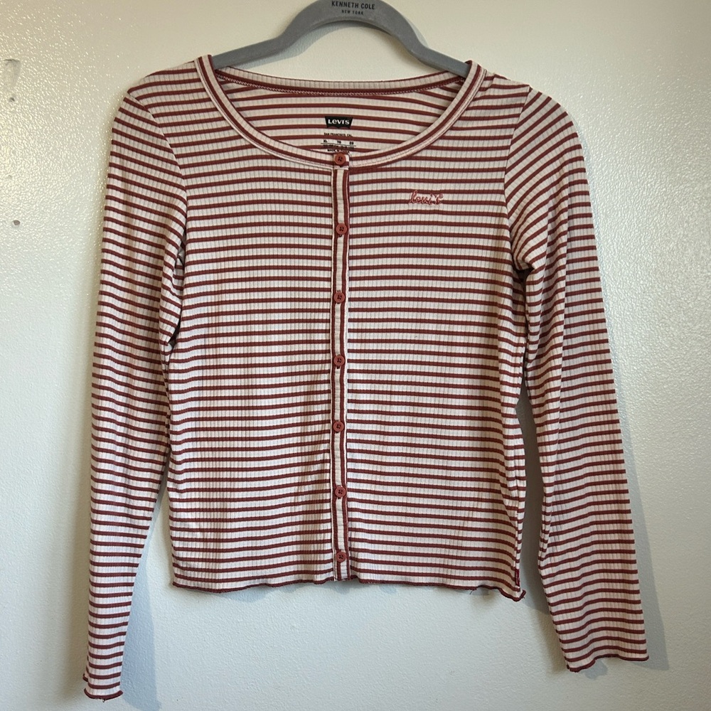 Levi's Women's Red and White Striped Button Down Shirt